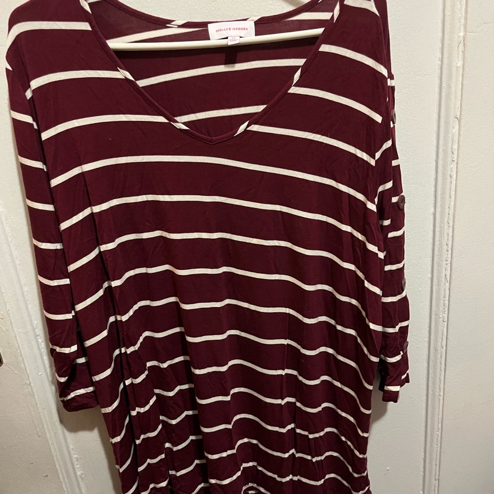 EUC Molly & Isadora Striped Tunic Top - Burgundy and White